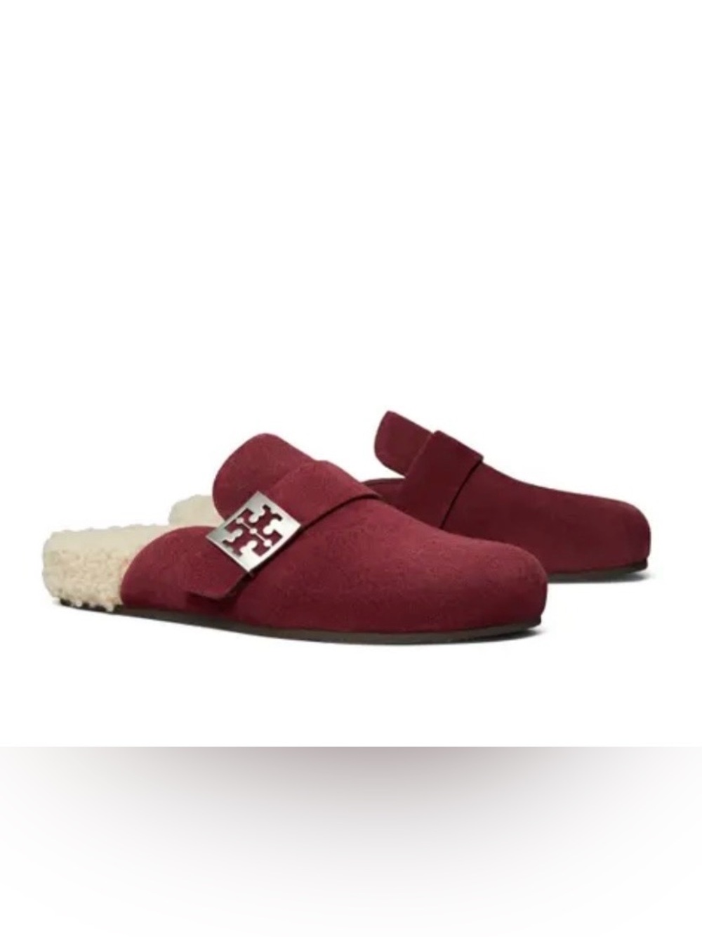 NEW Tory Burch Mellow Faux Shearling Lined Mule in Dark Carmine / Taupe